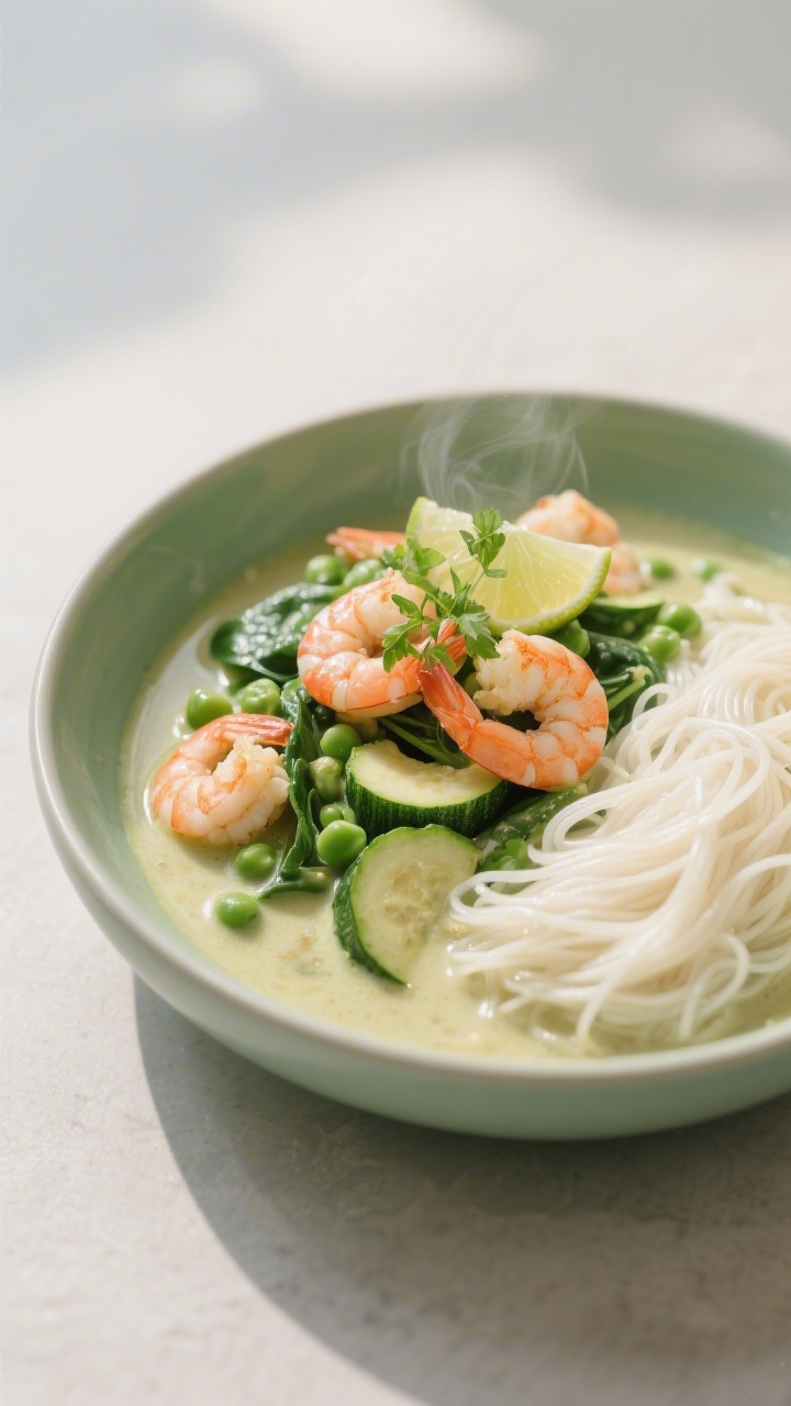 Final dish presentation: Restaurant-quality green curry shrimp variation—plated in a wide, shallow