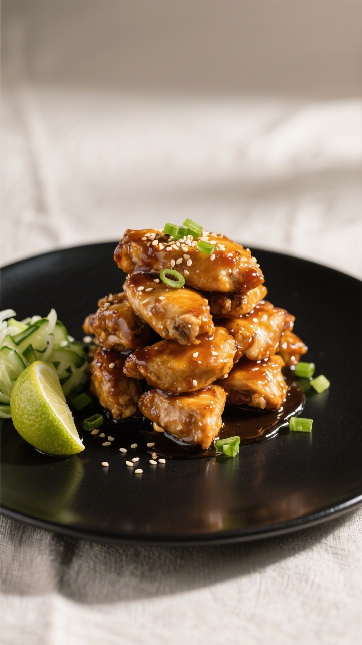 Final dish presentation: Restaurant-quality plate of honey garlic chicken bites with a high-gloss gl