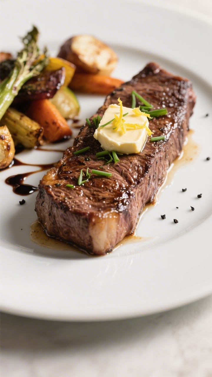 Final dish presentation: Restaurant-quality plated New York strip steak served whole, glossy from a