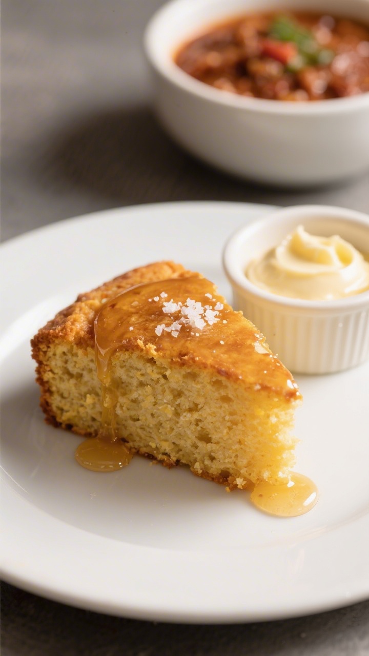Final dish presentation: Restaurant-quality plated slice of honey butter cornbread on a matte white