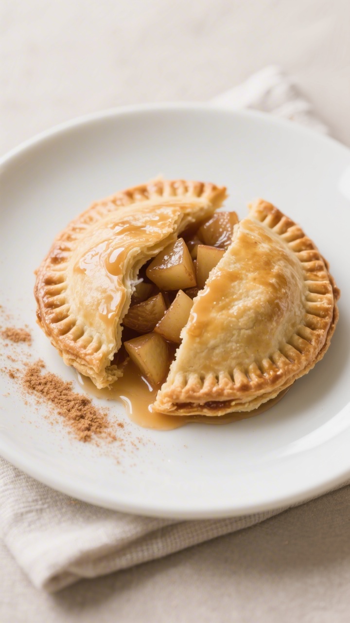 Final dish presentation: Restaurant-quality plating of one apple hand pie on a small white ceramic p