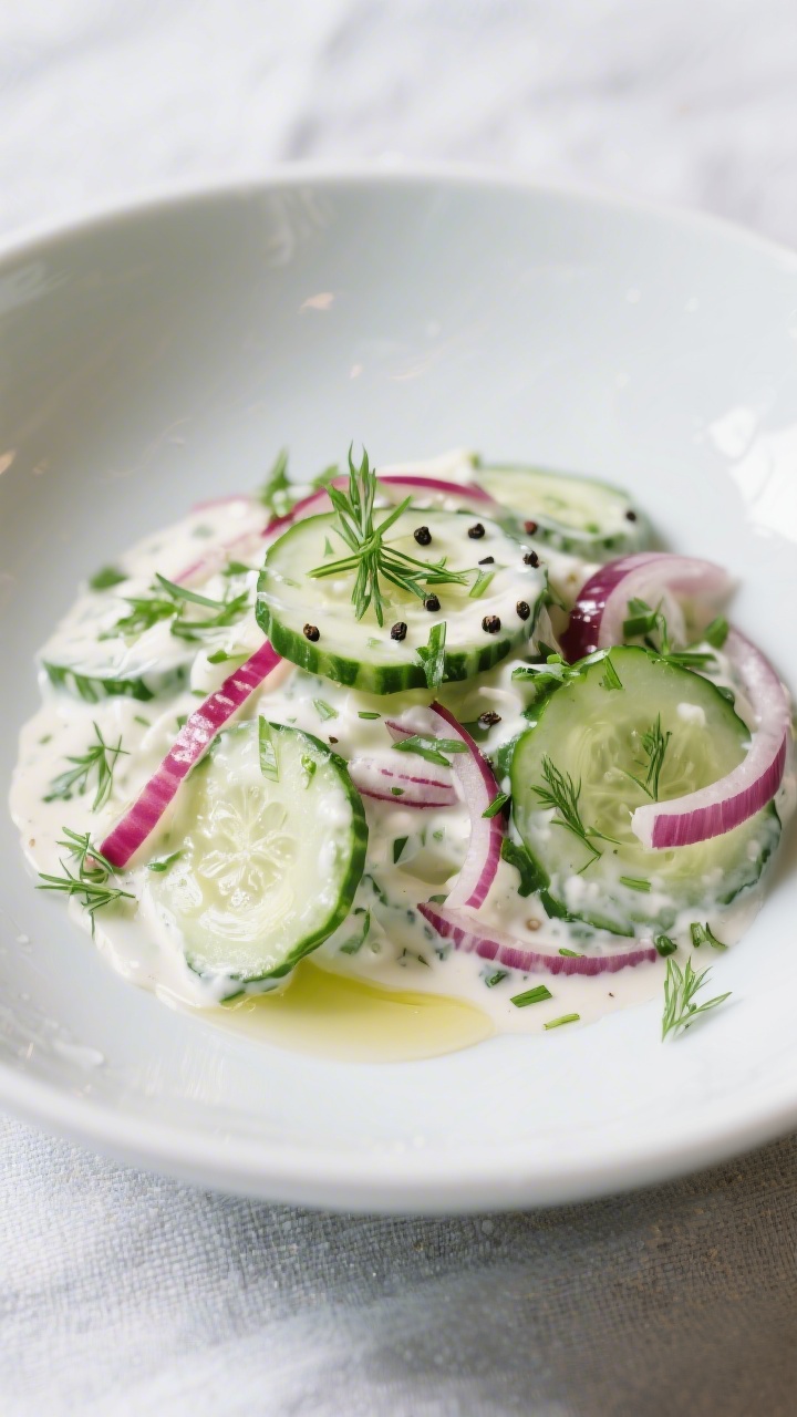 Final dish presentation: Restaurant-quality plating of the creamy cucumber salad in a wide, shallow