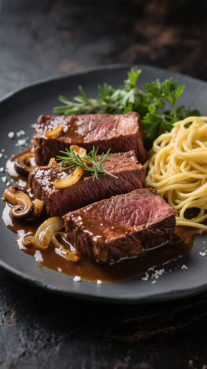 Final dish — Restaurant-quality plated presentation: Three thick pieces of slow-braised round stea