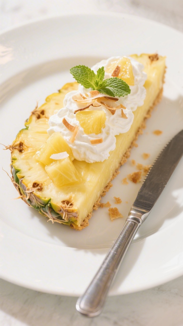 Final dish, tasty top view: Overhead shot of a fully chilled pineapple dessert on a white plate—ne
