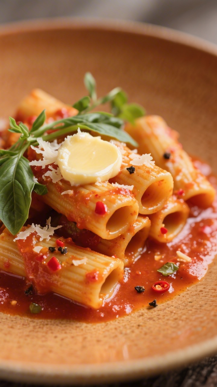 Final plated beauty: Close-up detail of rigatoni in rich, lightly thickened tomato sauce finished wi