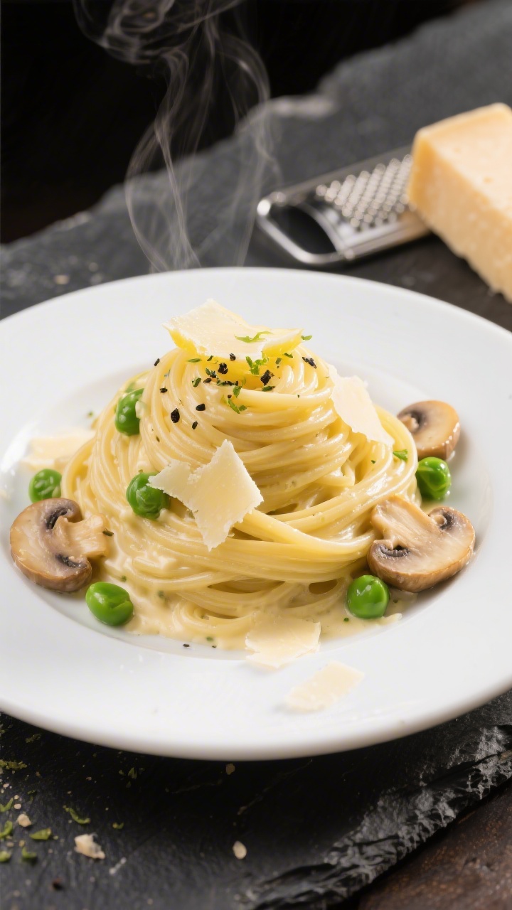 Final plated beauty: Restaurant-quality plate of creamy linguine twirled into a neat nest, sauce ult