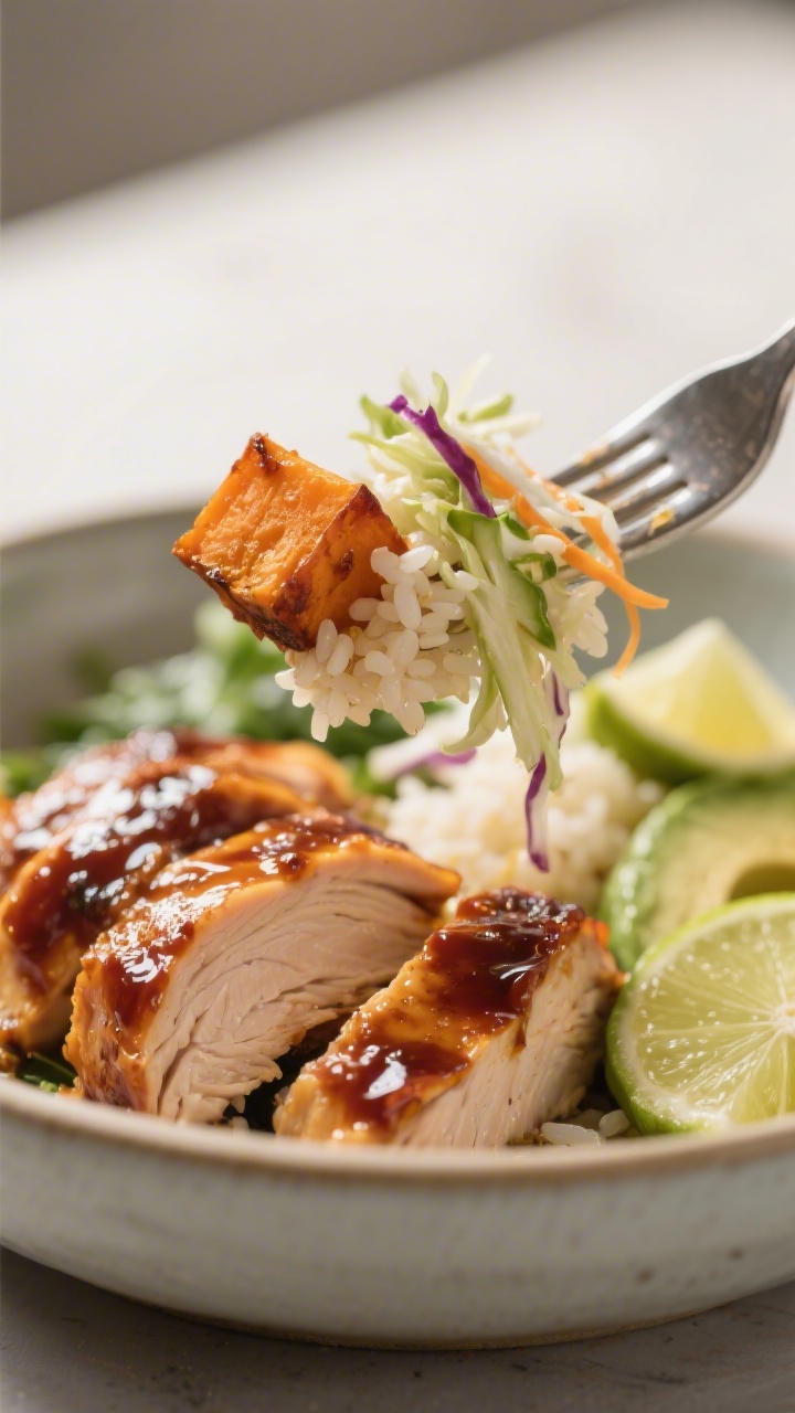 Final plated detail: Close-up of a forkful lifted from the bowl capturing layers—tender BBQ chicke