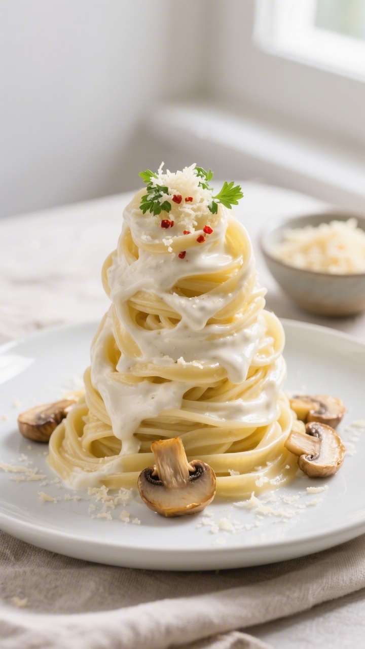 Final plated dish beauty shot: Creamy white sauce fettuccine twirled into a tall nest on a matte whi