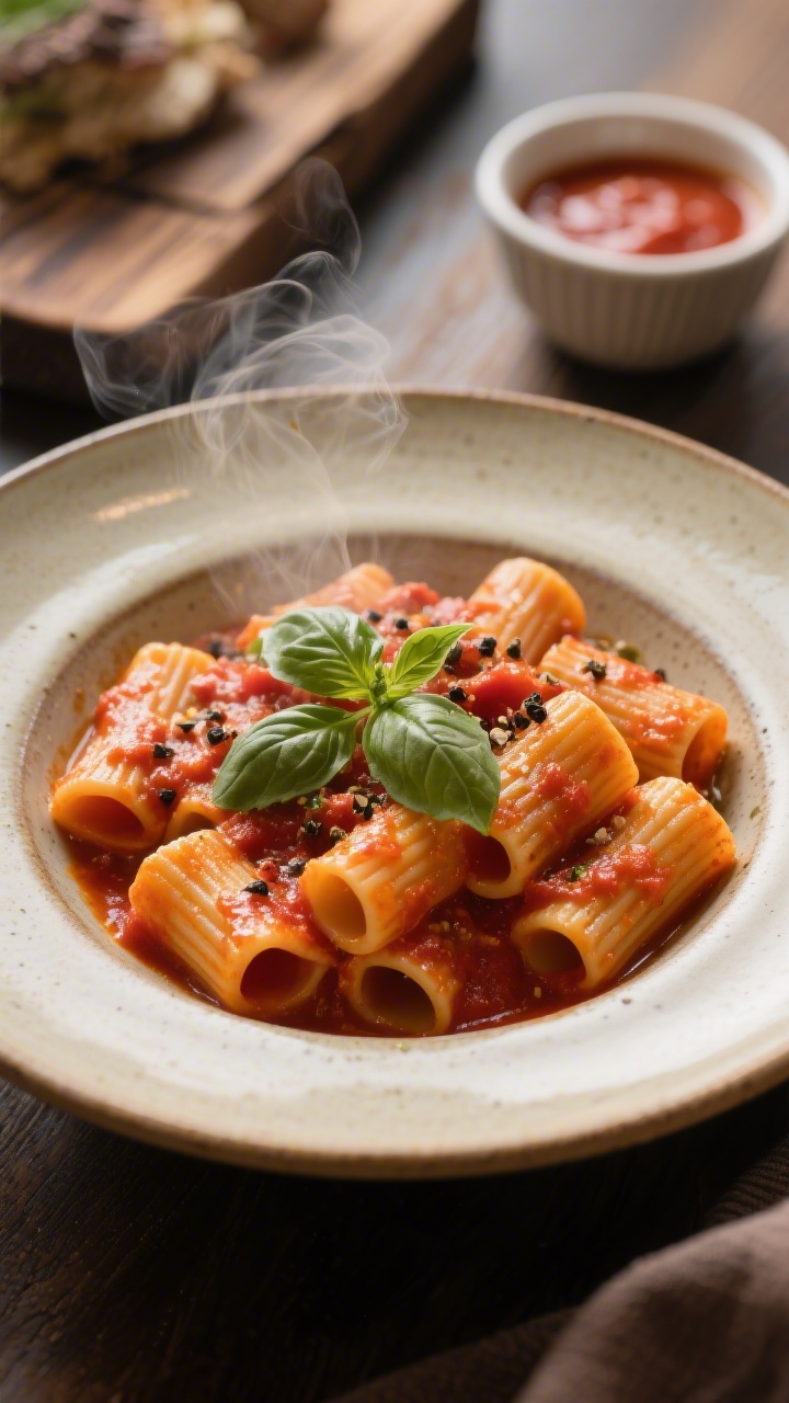 Final plated dish, : Beauty shot of rigatoni with the classic sauce plated in a shallow ceramic bowl