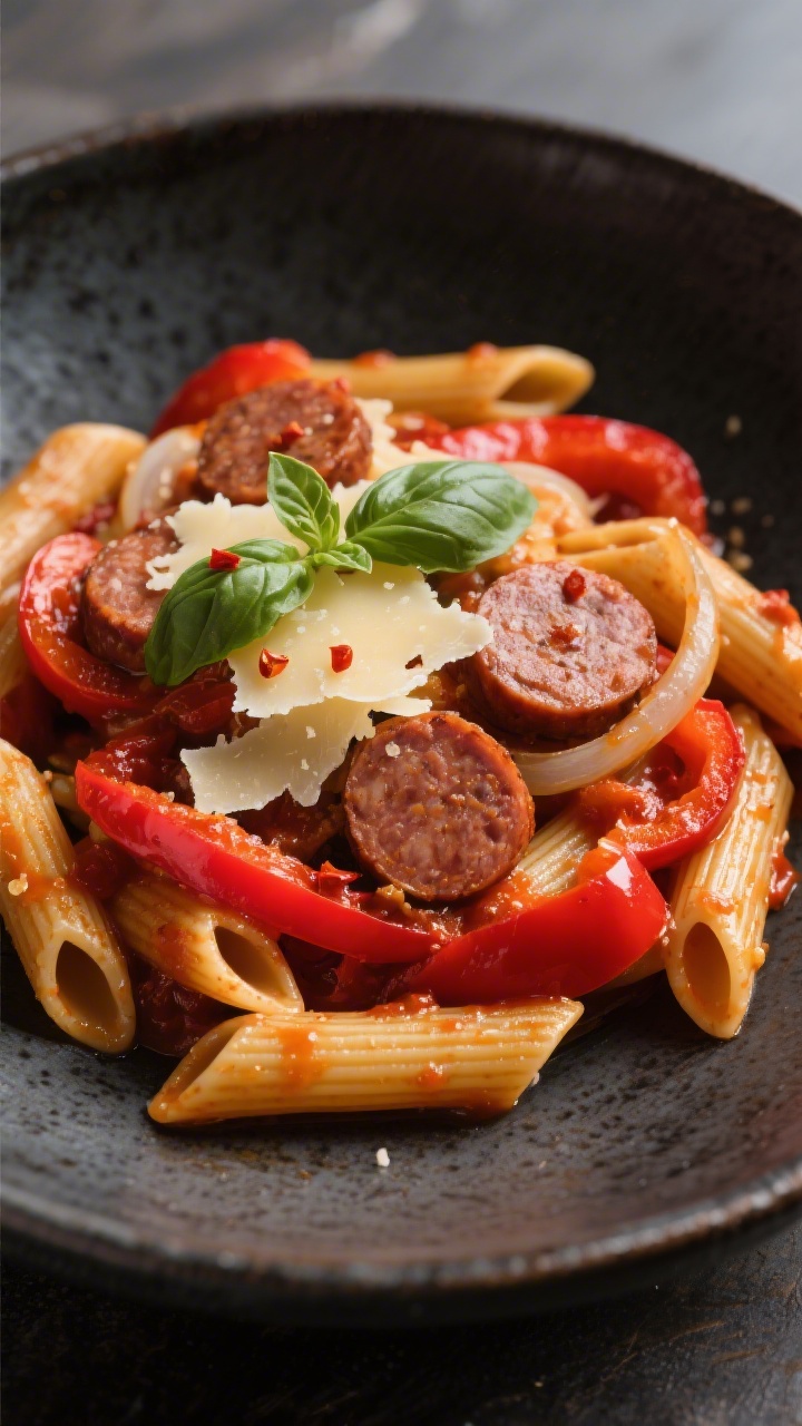 Final plated dish, hearty variation: Penne with Sausage and Peppers plated restaurant-style in a dar