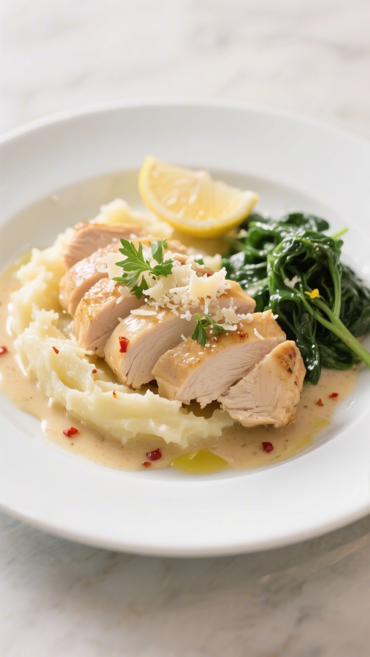 Final plated dish, restaurant-quality presentation: Sliced juicy chicken breast fanned over buttery