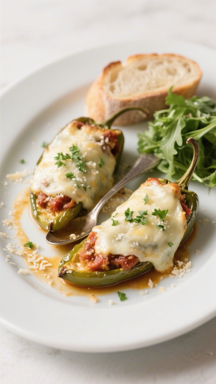 Final plated dish: Restaurant-quality presentation of two stuffed banana peppers on a wide white pla
