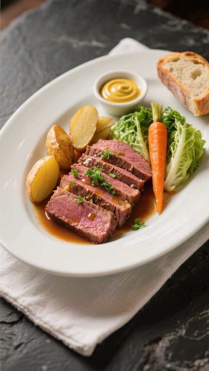 Final plated dish: Restaurant-quality presentation of corned beef dinner on a matte white oval plate