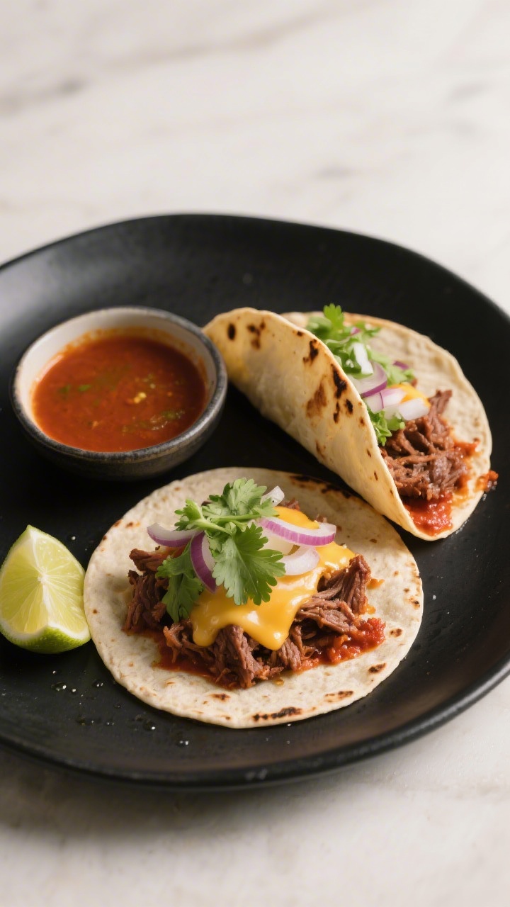 Final plated hero: Restaurant-quality presentation of two birria tacos on a matte black plate, one t