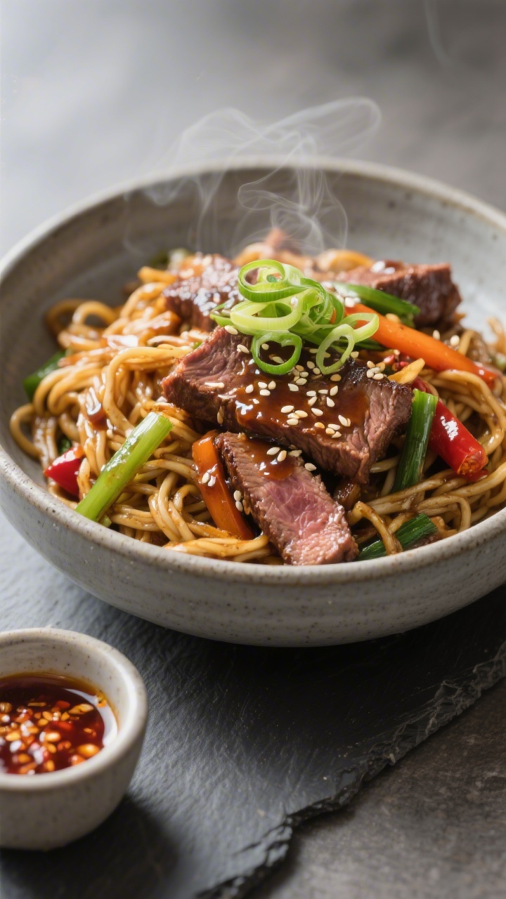 Final plated hero shot: Restaurant-quality presentation of steak stir fry tossed with lo mein noodle