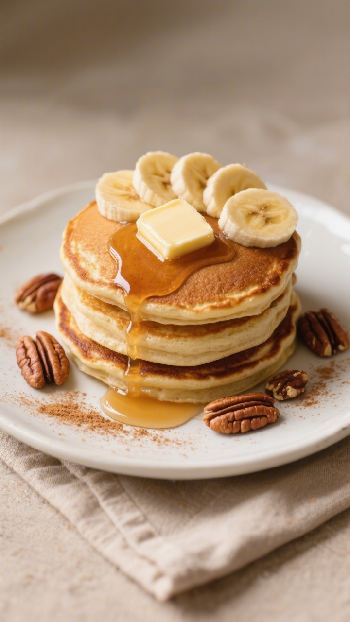 Final plated hero shot: Stack of fluffy banana pancakes with crisp golden edges on a white ceramic p