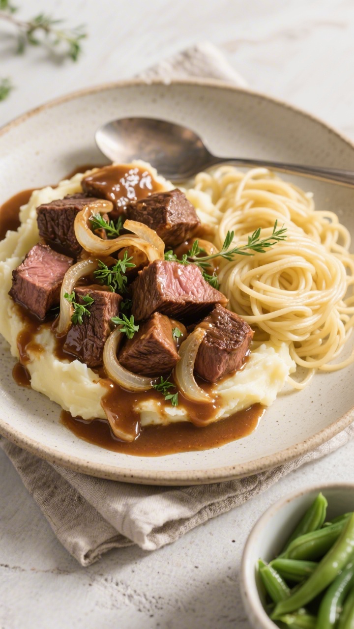 Final plated overhead: Cubed steak smothered in glossy onion gravy over creamy mashed potatoes, garn