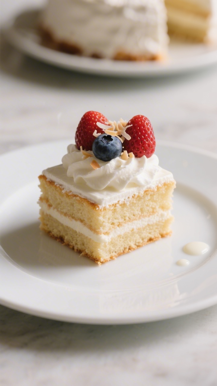 Final plated presentation: A single square of tres leches cake on a modern white dessert plate, show
