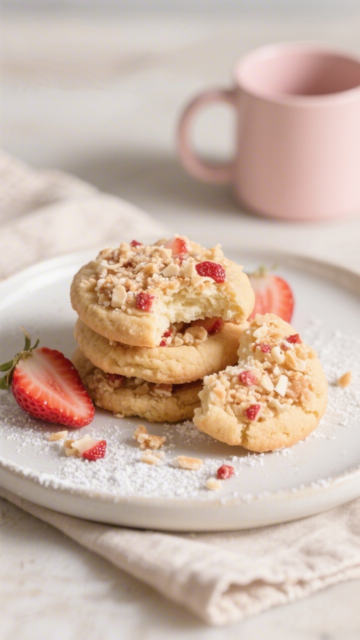 Final plated presentation: a stack of Strawberry Crunch Shortcake Cookies on a matte white plate wit