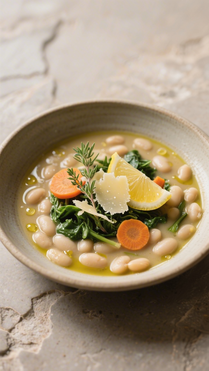 Final plated, restaurant-quality presentation: A shallow ceramic bowl of Herby Tuscan-style white be