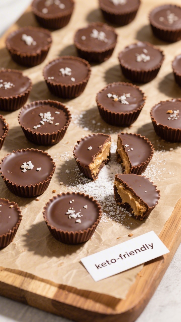 Final presentation shot: Tasty top-down spread of 12–16 finished keto chocolate peanut butter cups