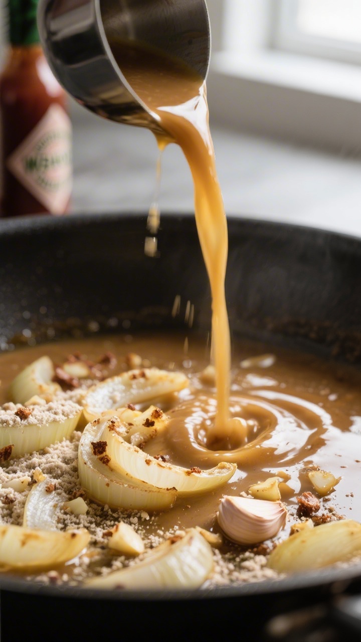 Gravy-building detail: Golden, softened sliced onions and minced garlic in melted butter, dusted wit