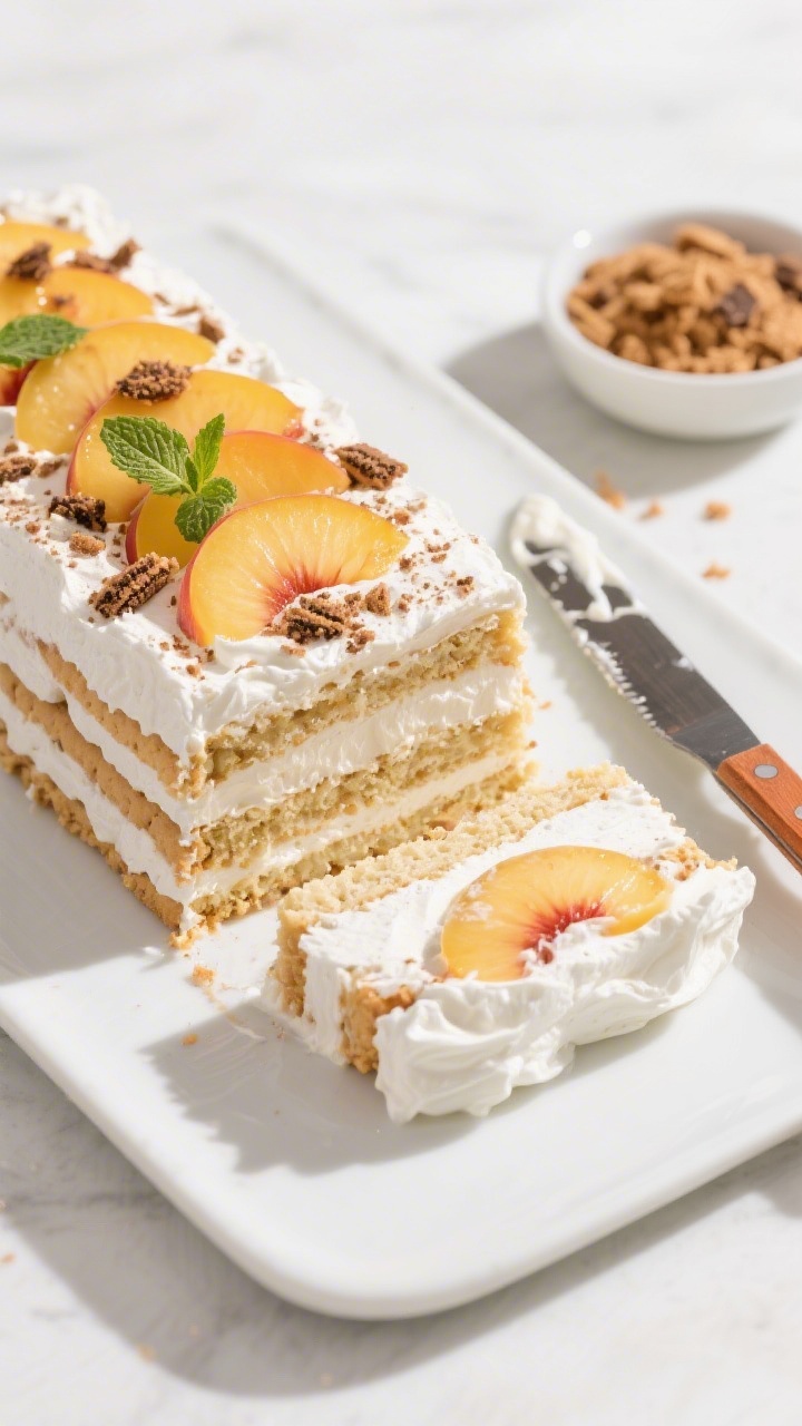 Overhead final presentation of peach and cream icebox cake just sliced: neat, defined layers of whip