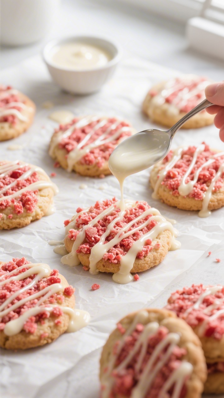 Overhead shot of a drizzle moment: cooled cookies arranged on parchment with a thick vanilla glaze b