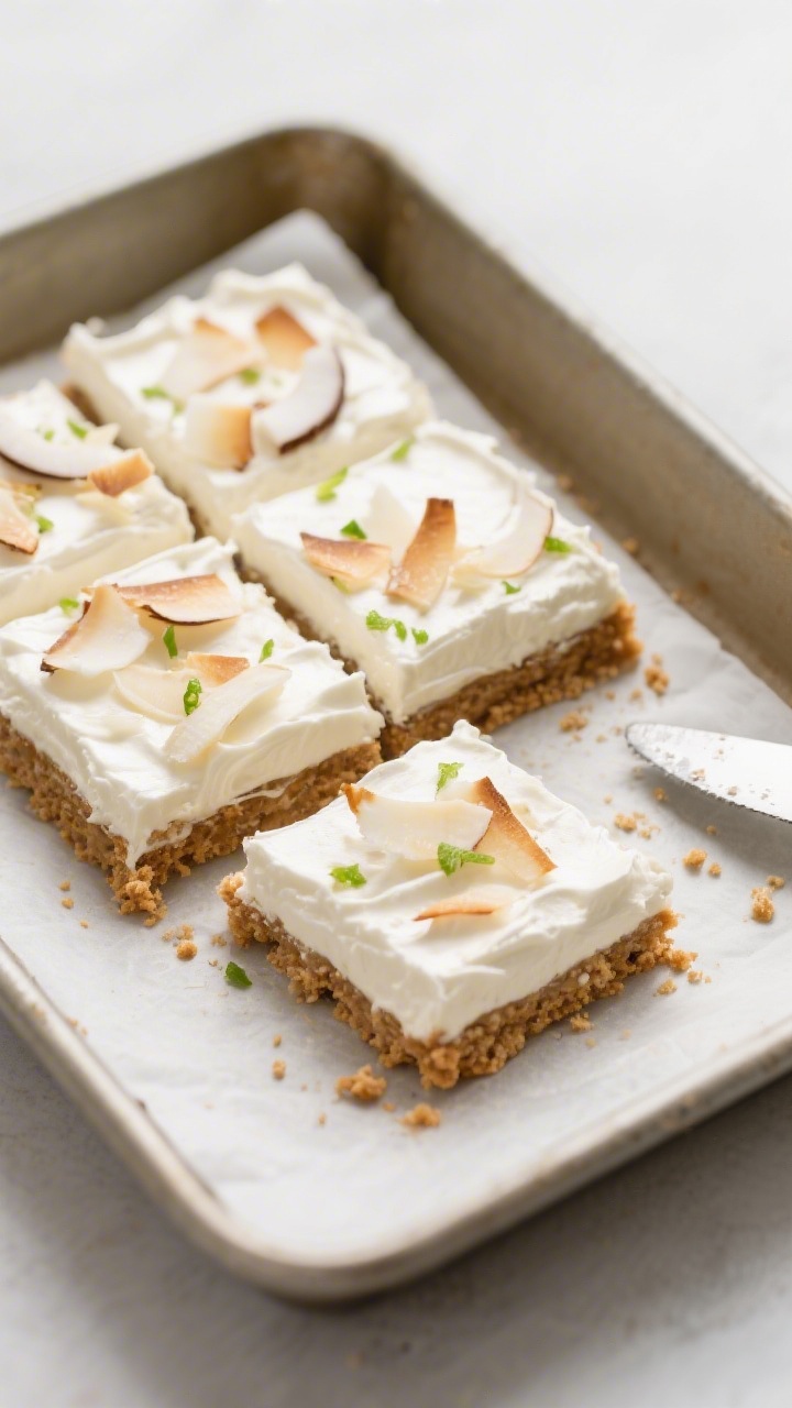Overhead shot of perfectly sliced no-bake coconut cream bars on parchment lifted from an 8x8 pan, cr