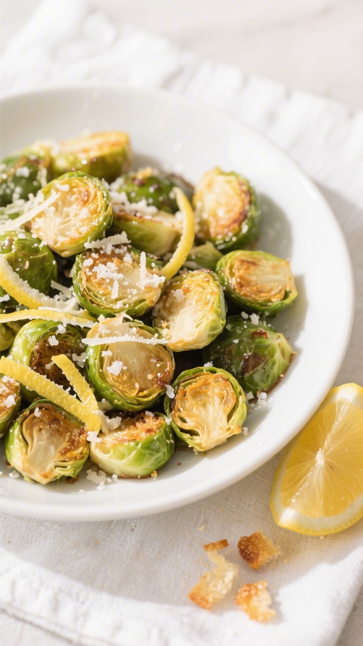 Overhead shot of the finished Crispy Parmesan Brussels Sprouts in a wide, shallow white serving bowl