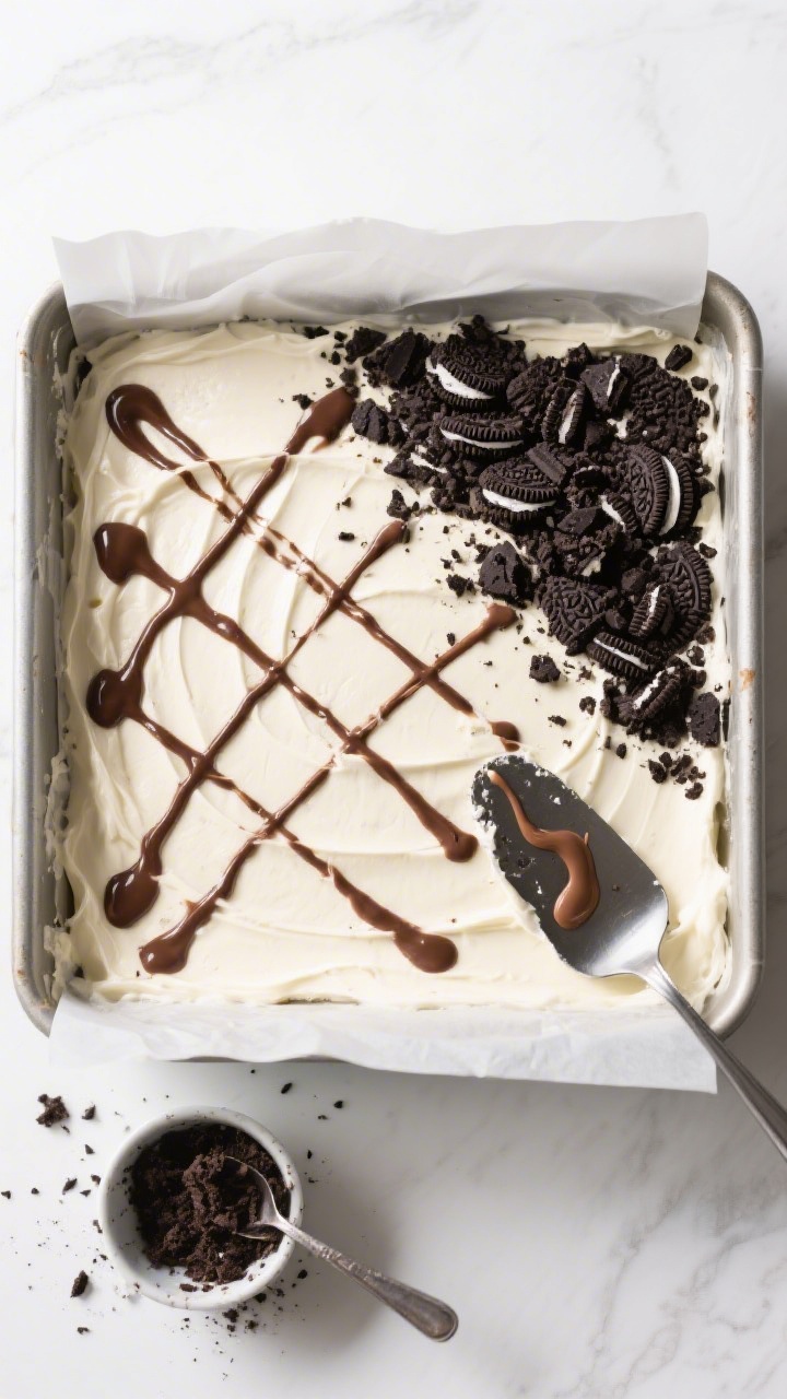 Overhead “tasty top view” of the assembled no-bake Oreo dessert in a 9x9-inch pan lined with par