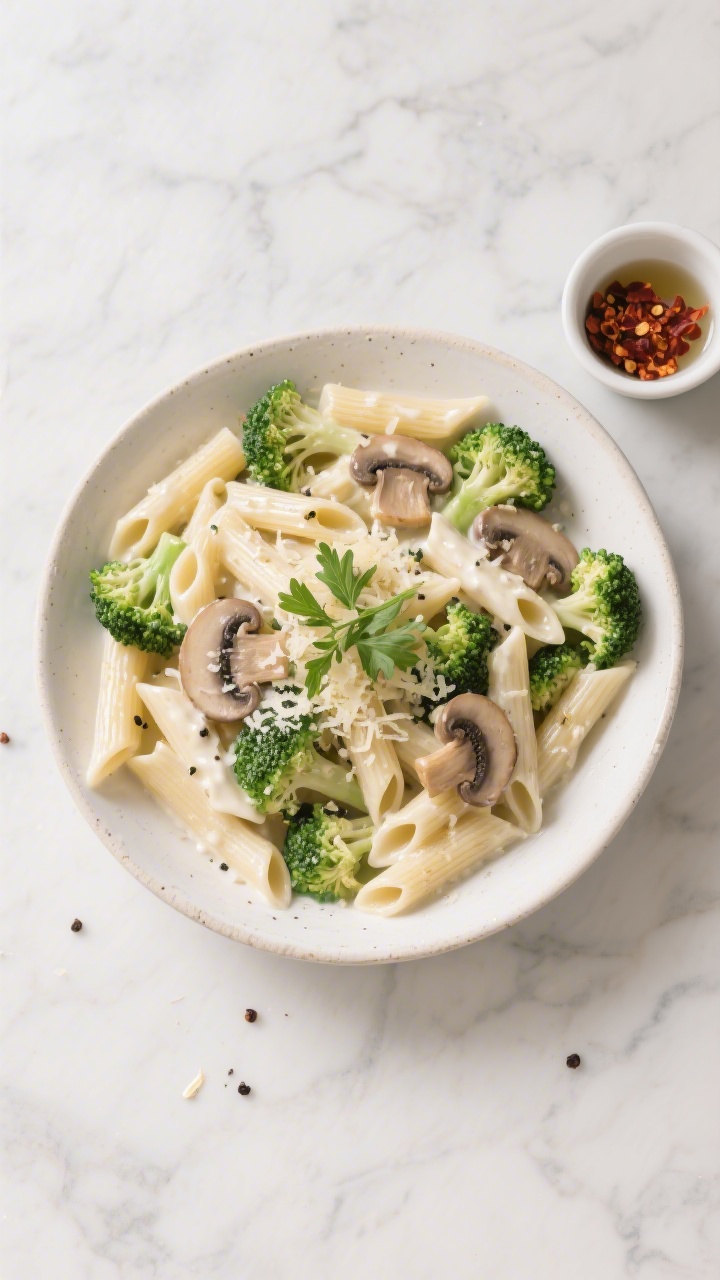Overhead “tasty top view” serving scene: Large shallow bowl of white sauce pasta (penne) tossed