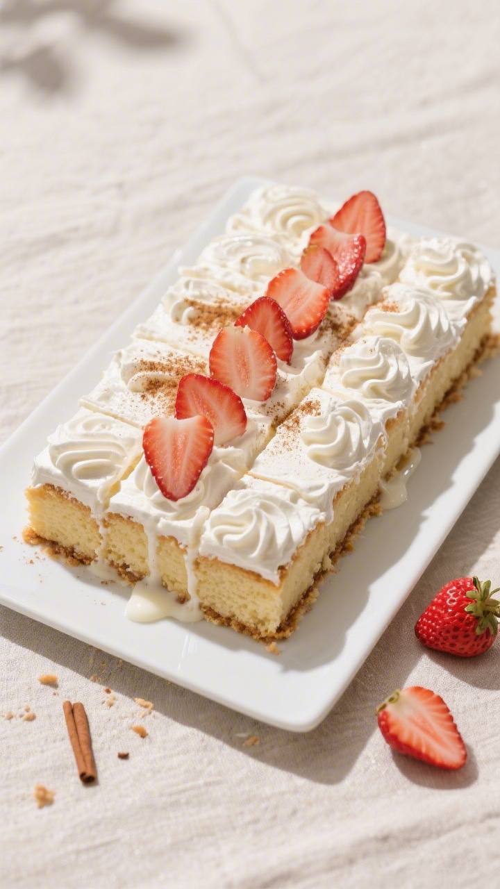 Overhead “tasty top view”: The fully chilled and frosted tres leches cake spread with soft, bill