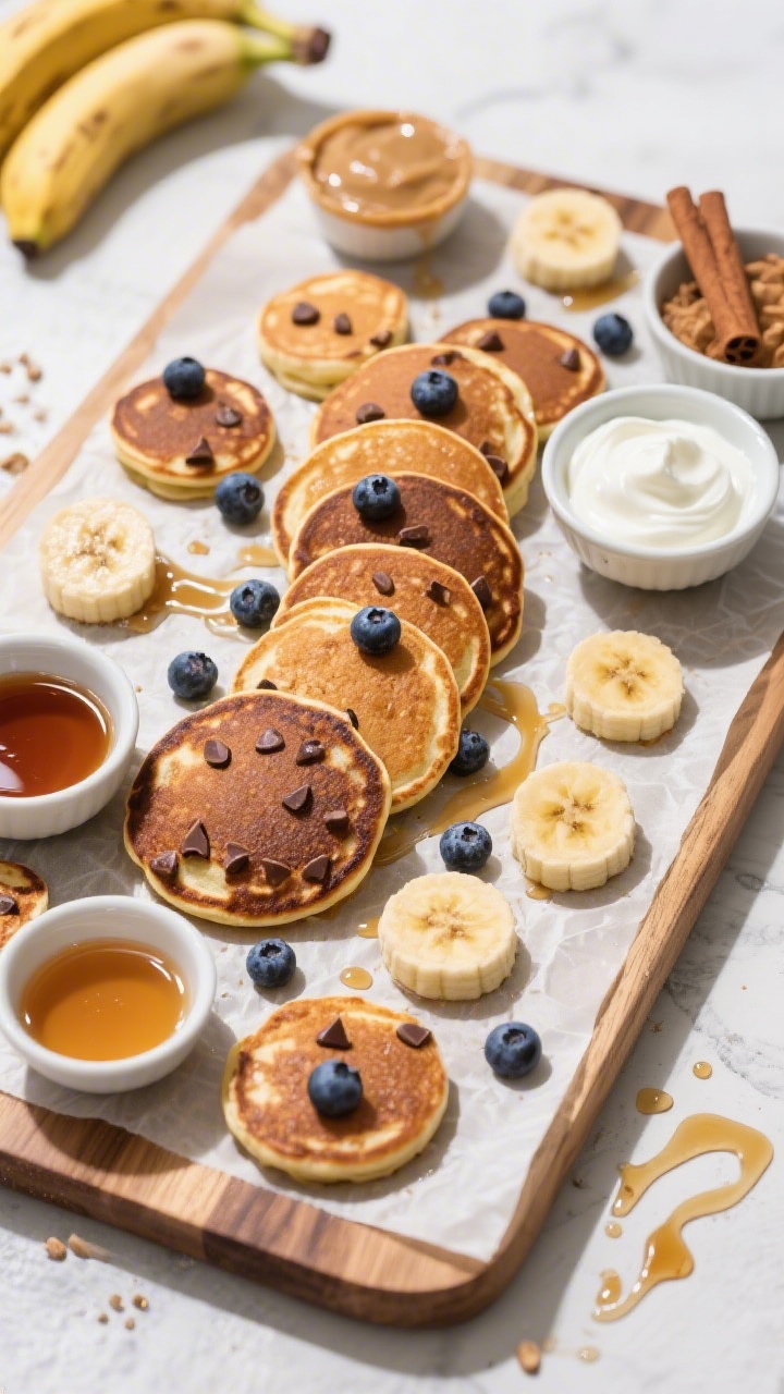 Overhead “tasty top view” variety board: Multiple medium and mini banana pancakes arranged on a