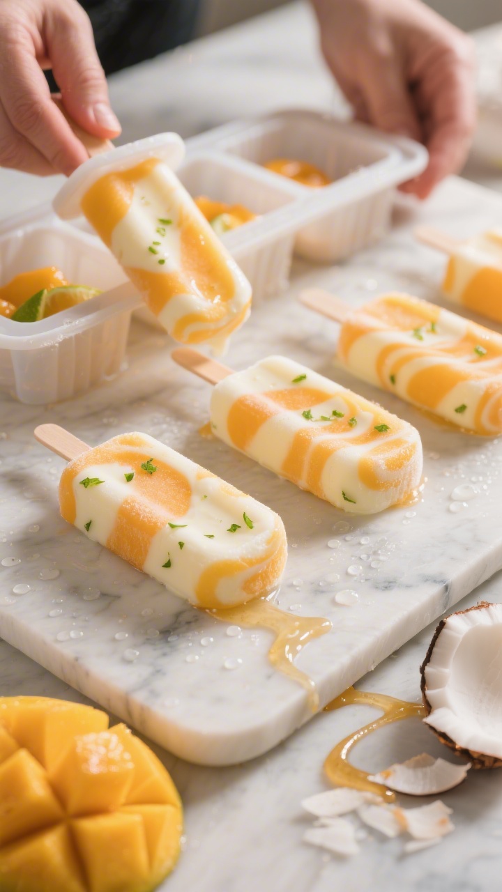 Process shot of mango yogurt popsicles being unmolded: frosty, perfectly set popsicles with creamy m