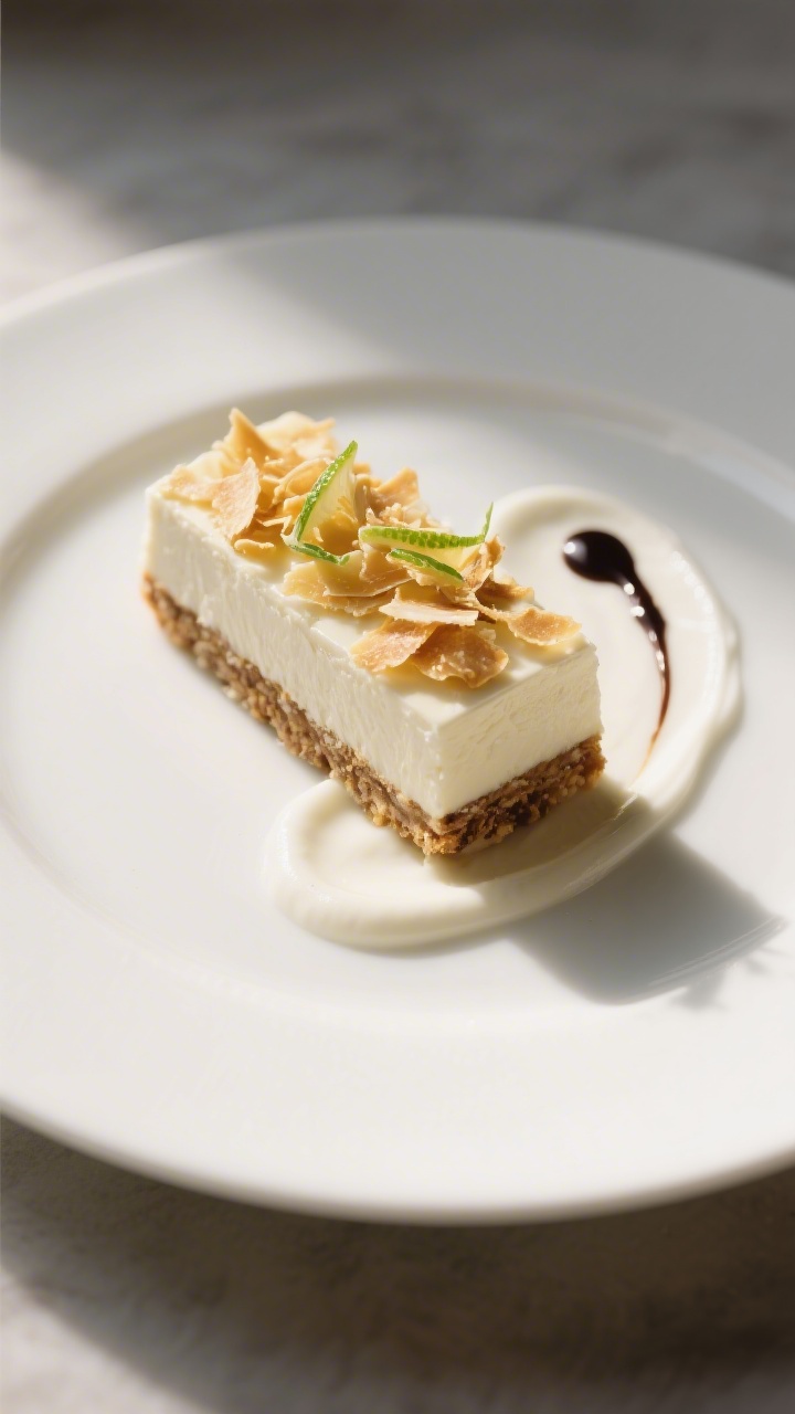 Restaurant-quality final plate: a single coconut cream bar centered on a matte white dessert plate w