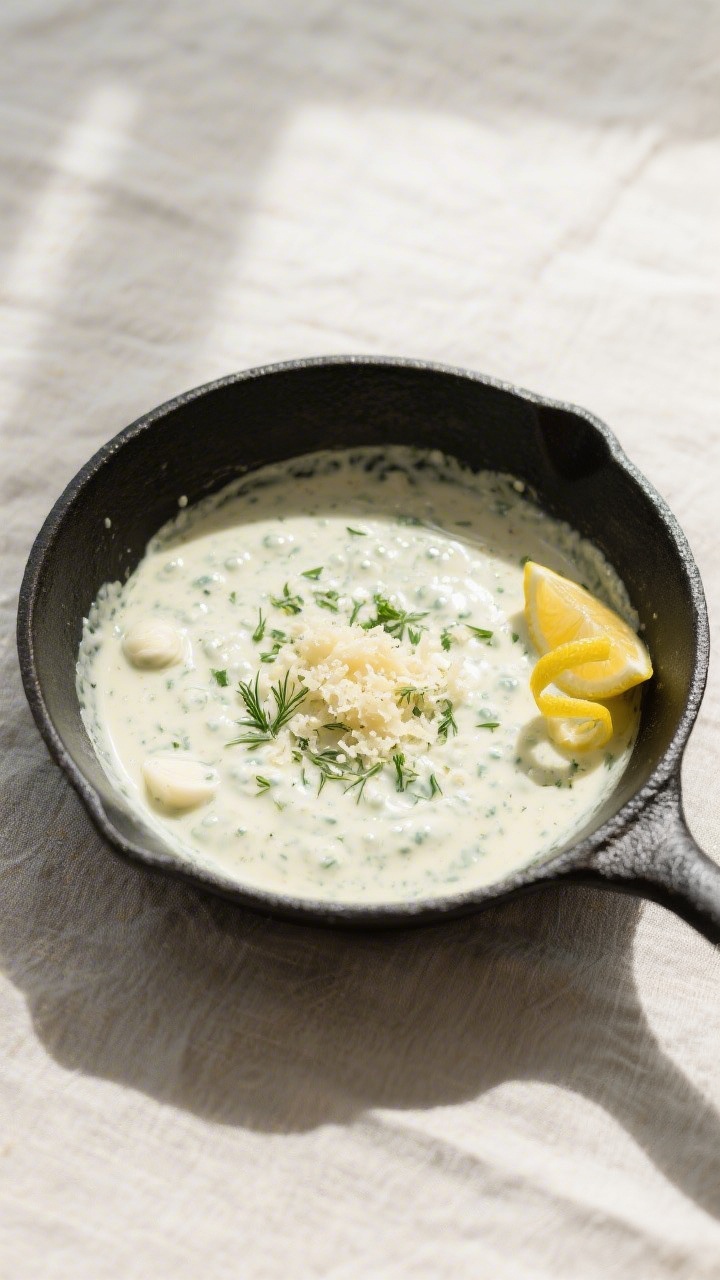 Sauce build – Creamy ranch garlic sauce: Overhead shot of the skillet after deglazing, silky ranch