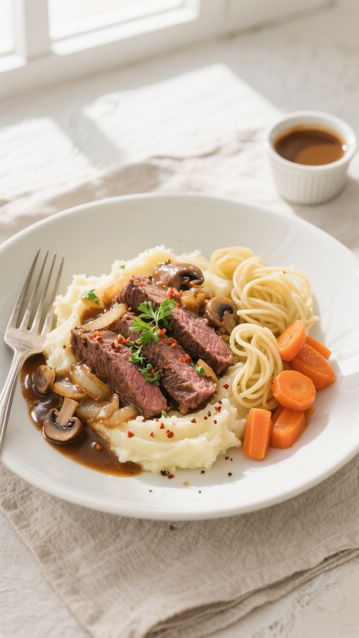 Tasty top view — Braised round steak with gravy over mashed potatoes: Overhead shot of fork-tender