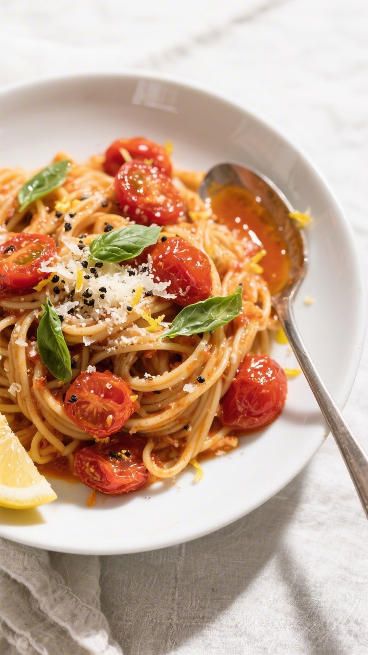 Tasty top view, final dish: Overhead shot of One Pot Pasta plated in a wide, shallow white bowl—al