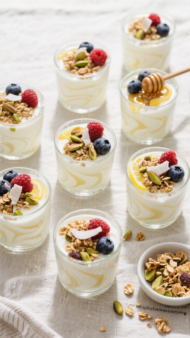 Tasty top view (overhead shot): An overhead shot of multiple single-serve yogurt desserts arranged o