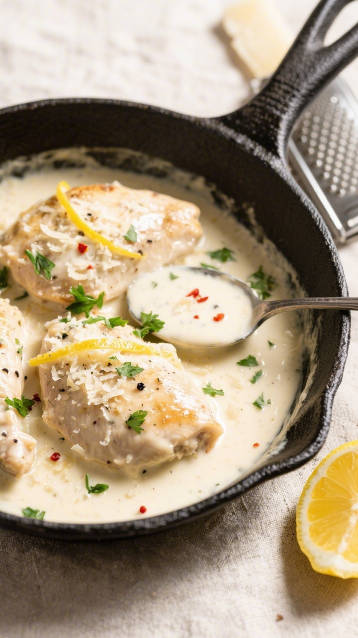 Tasty top view, overhead shot: Creamy garlic-Parmesan chicken in a skillet, sauce at a gentle simmer