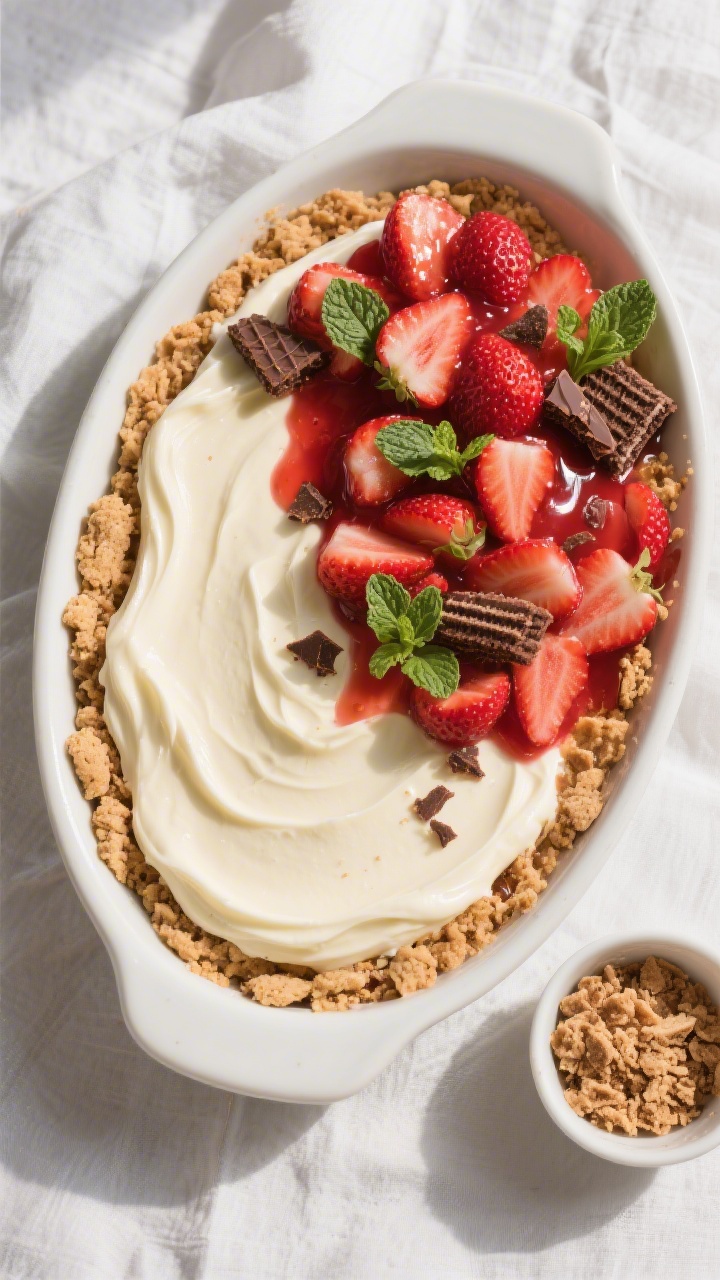 Tasty top view: Overhead shot of a family-style shallow dish version—an even base of lightly toast