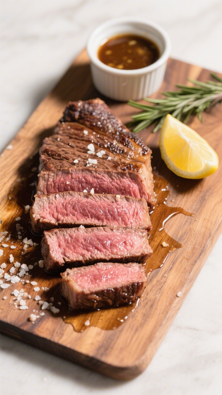 Tasty top view: Overhead shot of a rested, sliced New York strip steak cooked medium-rare (warm pink