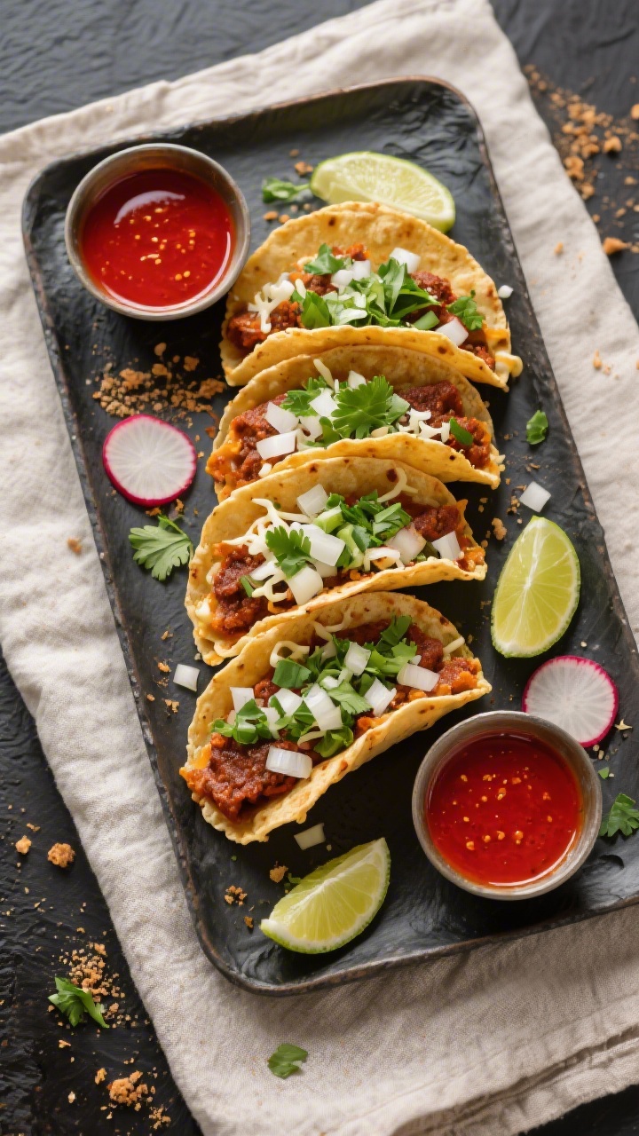 Tasty top view: Overhead shot of a serving platter with 6 crispy birria tacos folded and lined up, e