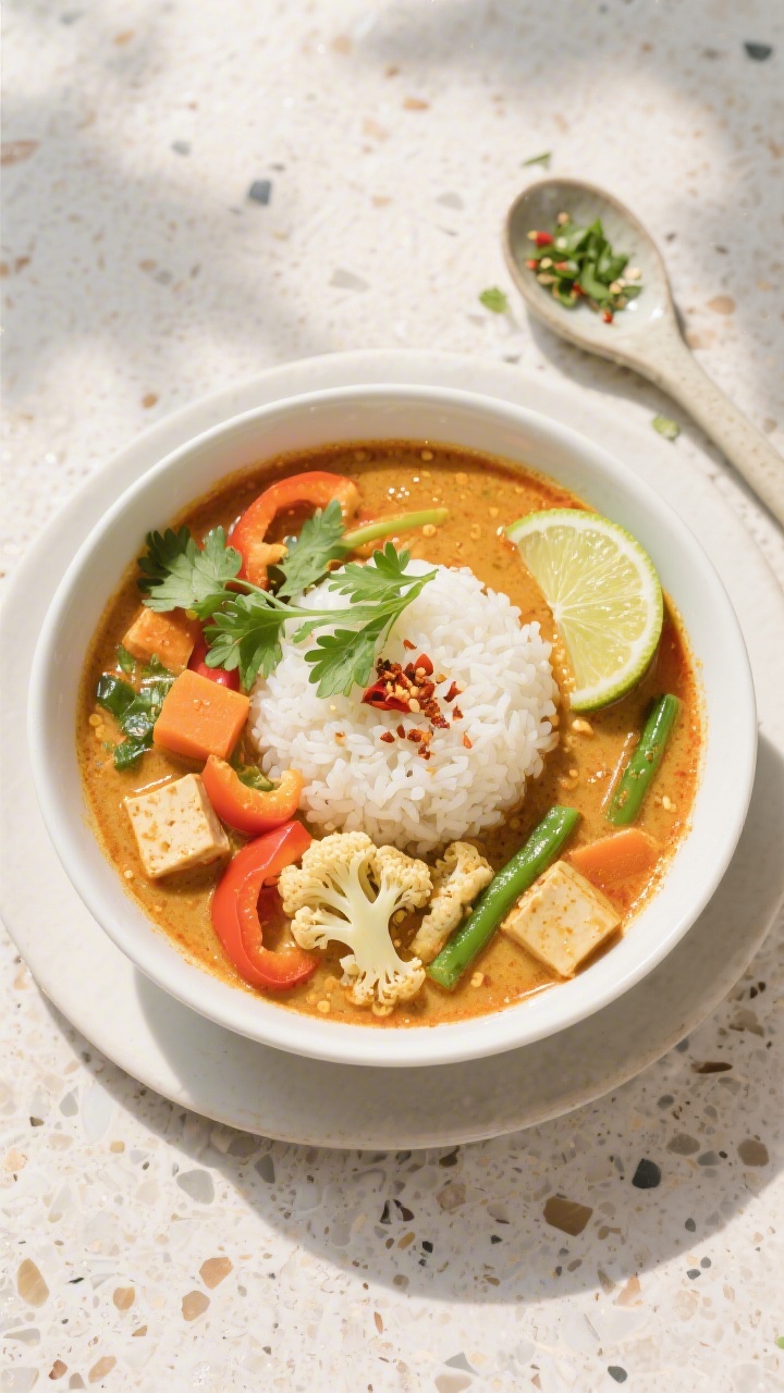 Tasty top view: Overhead shot of a Thai-inspired final bowl of curry soup—silky golden-red broth l