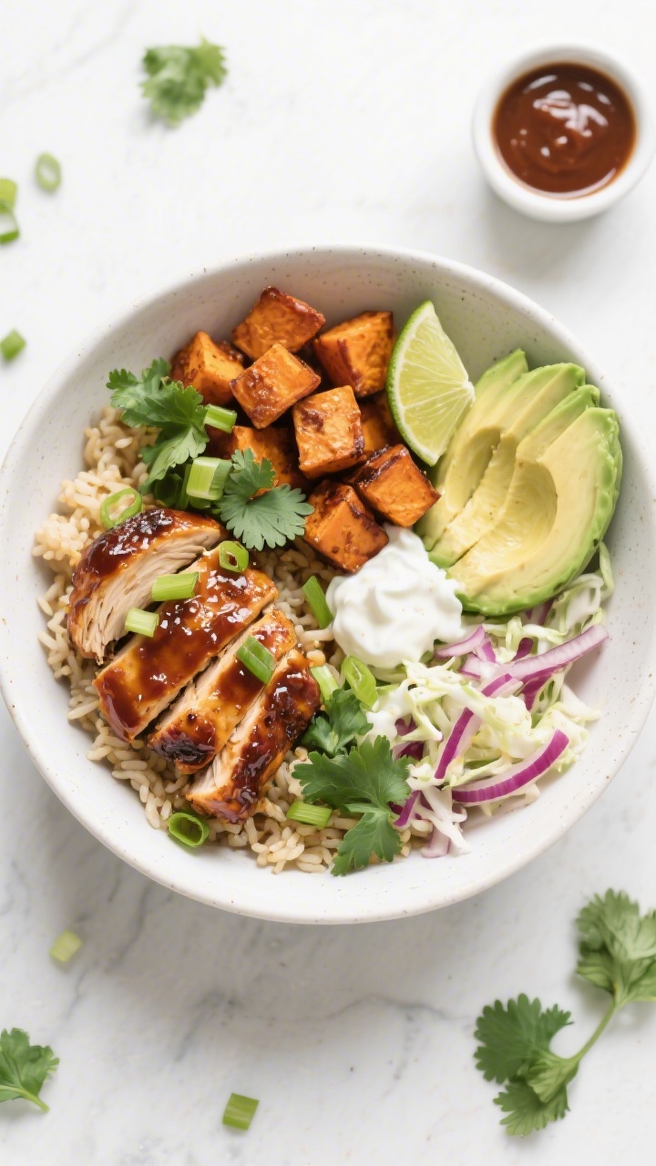 Tasty top view: Overhead shot of assembled BBQ chicken bowl on a matte white ceramic bowl—base of