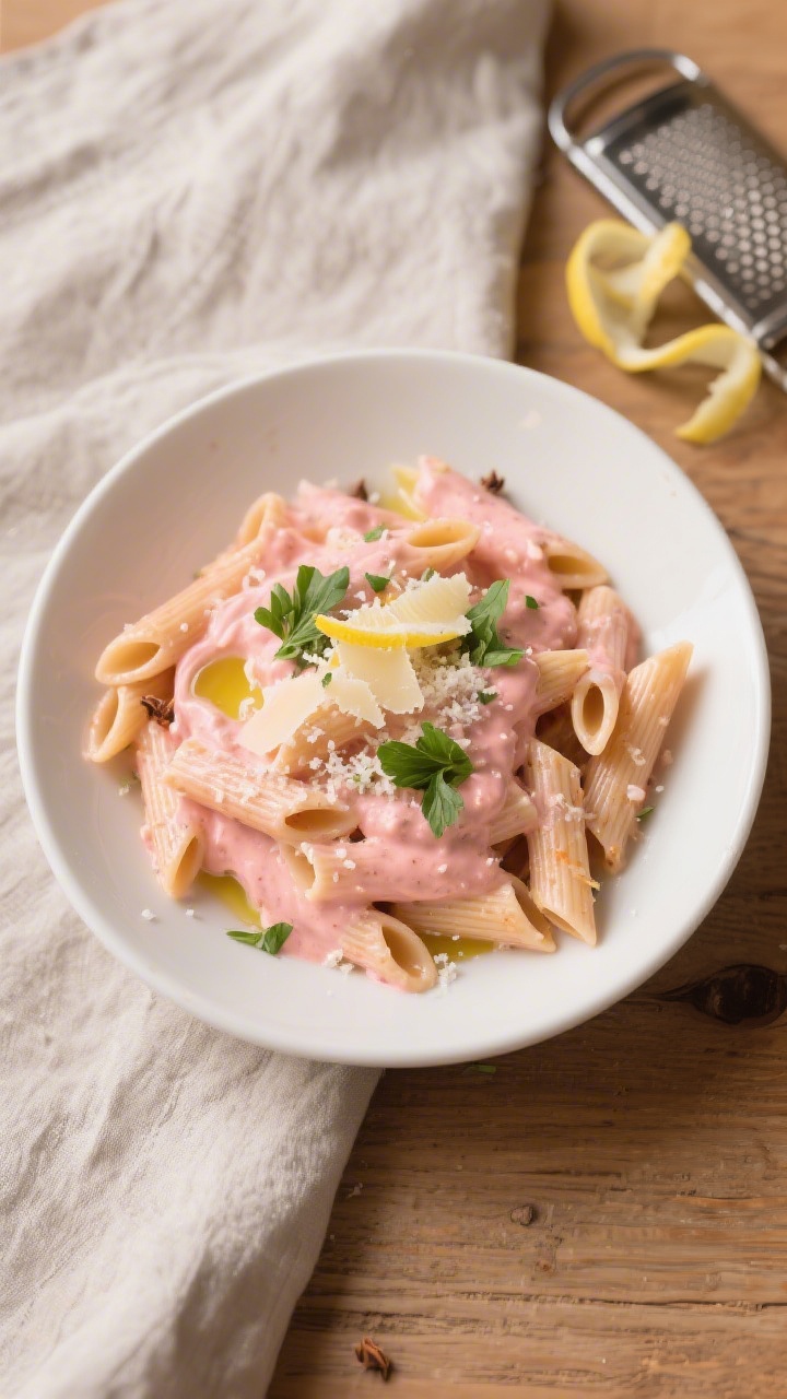 Tasty top view: Overhead shot of Creamy Tomato Penne (pink sauce) twirled into soft mounds in a matt