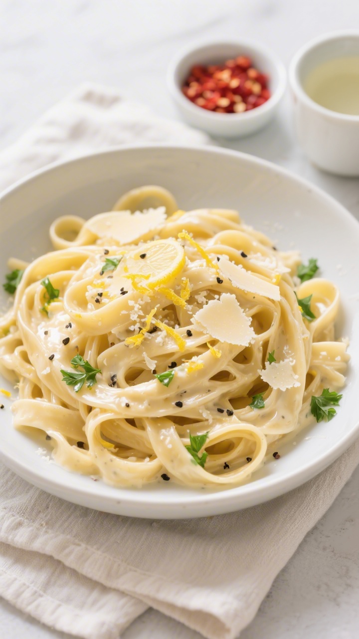 Tasty top view: Overhead shot of fettuccine tossed to glossy perfection in the creamy Parmesan sauce