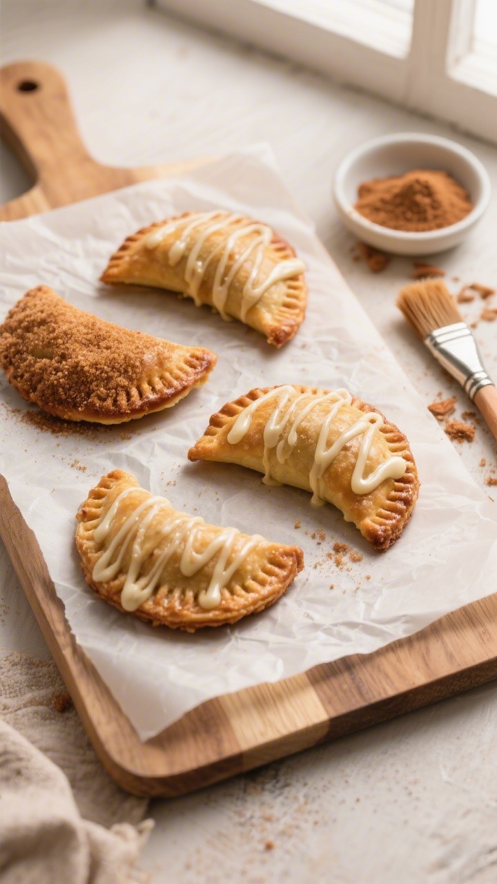 Tasty top view: Overhead shot of four apple hand pies on a parchment-lined wooden board, evenly brow