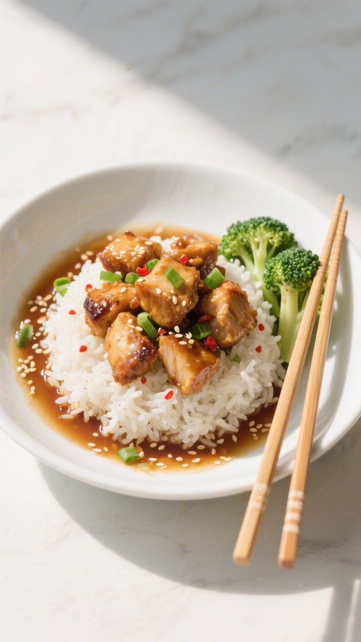 Tasty top view: Overhead shot of honey garlic chicken bites served over warm jasmine rice in a wide,